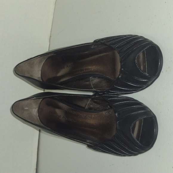 Etienne Aigner Black Peep Toe Wedge Leather Heels Shoes size 7m - Picture 2 of 10